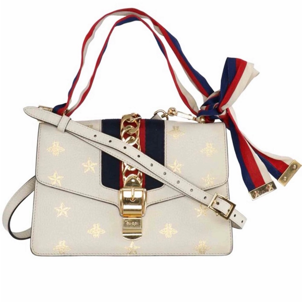 Gucci ivory Gold-Embellished bees and stars crossbody Bag- PM size